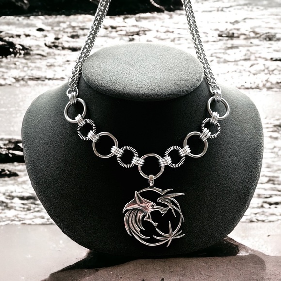 Handmade stainless steel necklace double wheat chain wolf celtic viking charm - Picture 2 of 10